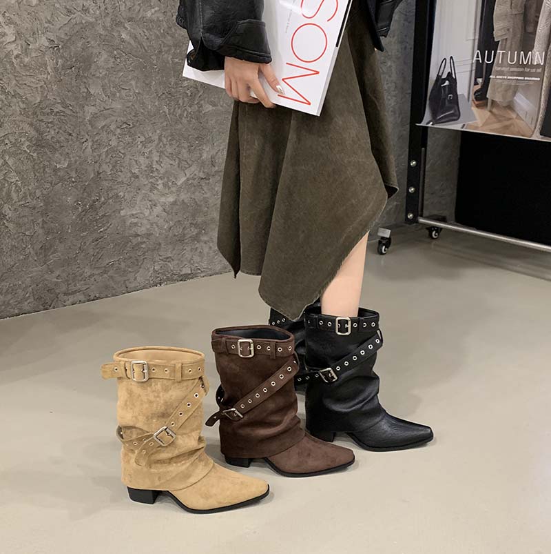 2025 New Retro Pointed Toe Slim Boots Belt Buckle Stacked Boots Women's Versatile Chunky Heel Mid Calf Boots