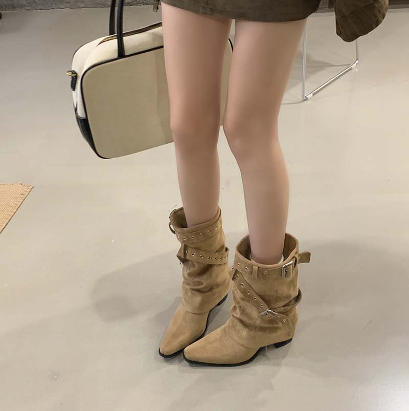 2025 New Retro Pointed Toe Slim Boots Belt Buckle Stacked Boots Women's Versatile Chunky Heel Mid Calf Boots - Image 2