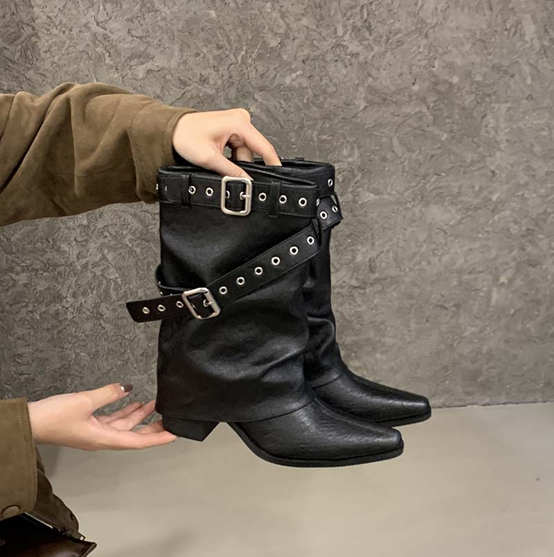 2025 New Retro Pointed Toe Slim Boots Belt Buckle Stacked Boots Women's Versatile Chunky Heel Mid Calf Boots - Image 3