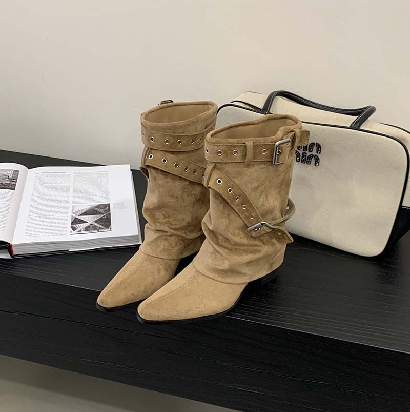 2025 New Retro Pointed Toe Slim Boots Belt Buckle Stacked Boots Women's Versatile Chunky Heel Mid Calf Boots - Image 4