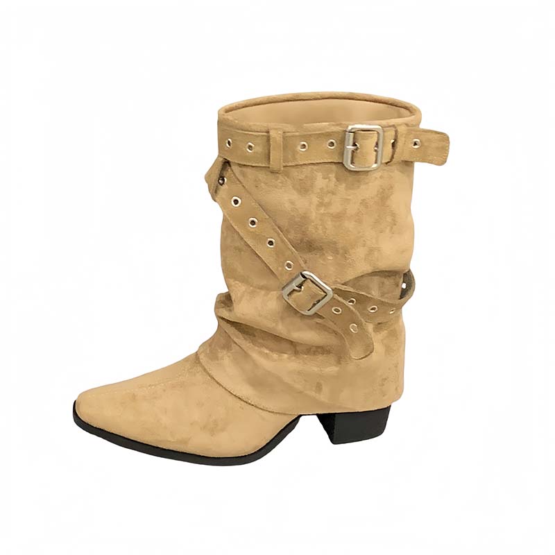 2025 New Retro Pointed Toe Slim Boots Belt Buckle Stacked Boots Women's Versatile Chunky Heel Mid Calf Boots - Image 5