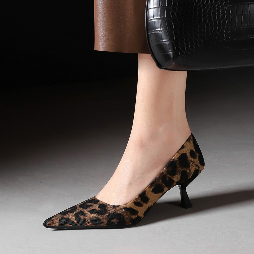 BIGWOOD Women's Leopard Print Stiletto Heels Pointed Toe Slip-On Flats