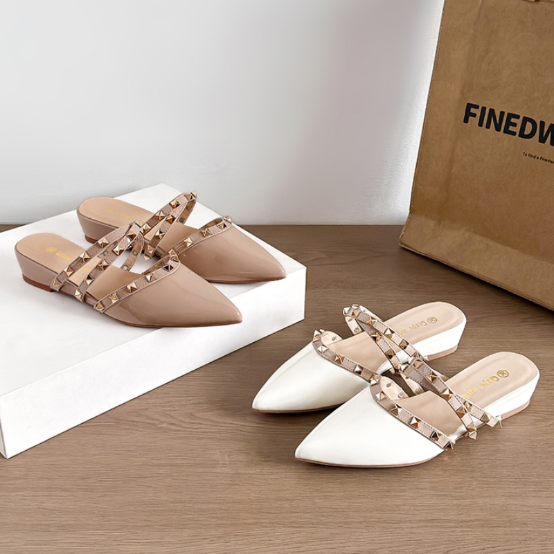 Crape Myrtle 2026 Summer New French Fairy Style Pointed Toe Rhinestone Rivet Strappy Wedge Sandals for Women, Low Rise, Comfortable Daily Wear