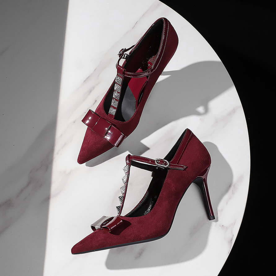 European American Style Bow Rhinestone T-Strap Studded Pointed Toe High Heel Suede Thin Heel Women's Shoes