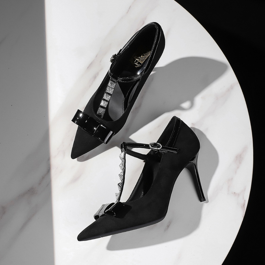 European American Style Bow Rhinestone T-Strap Studded Pointed Toe High Heel Suede Thin Heel Women's Shoes - Image 2