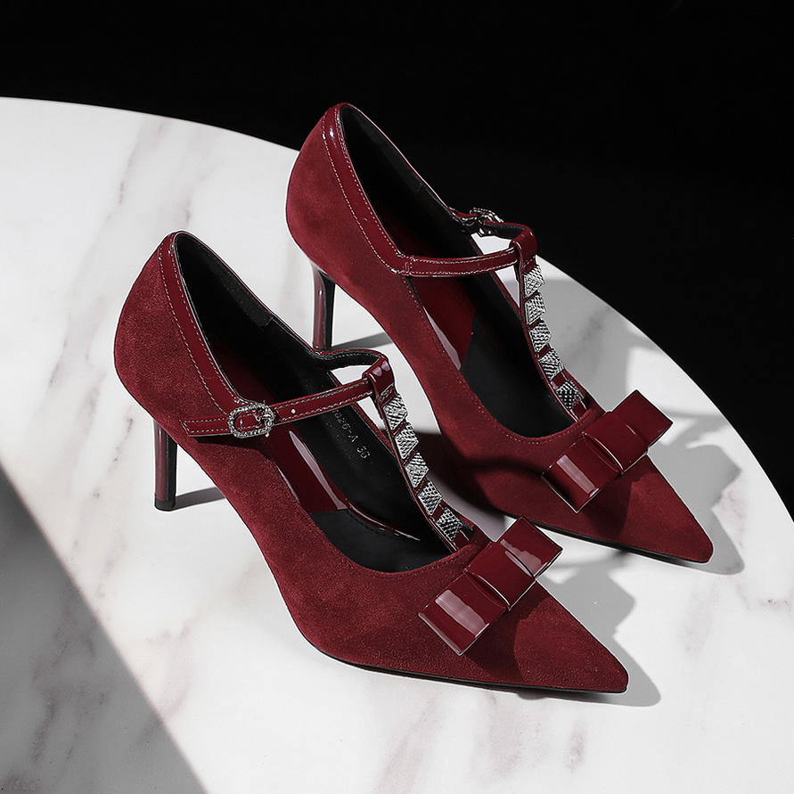 European American Style Bow Rhinestone T-Strap Studded Pointed Toe High Heel Suede Thin Heel Women's Shoes - Image 3