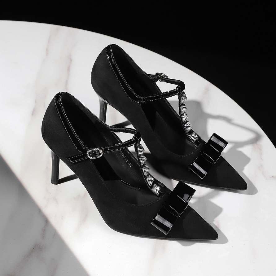 European American Style Bow Rhinestone T-Strap Studded Pointed Toe High Heel Suede Thin Heel Women's Shoes - Image 4