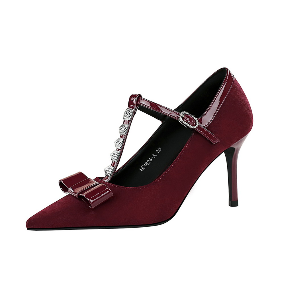 European American Style Bow Rhinestone T-Strap Studded Pointed Toe High Heel Suede Thin Heel Women's Shoes - Image 5