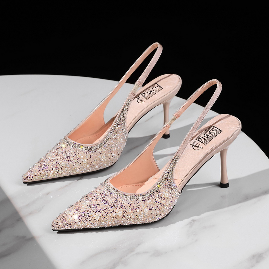 European American Style Party Fashion Thin Heel Pointed Toe Open Back Single Shoes with Sequins and Beads Ankle Strap High Heel Women's Shoes