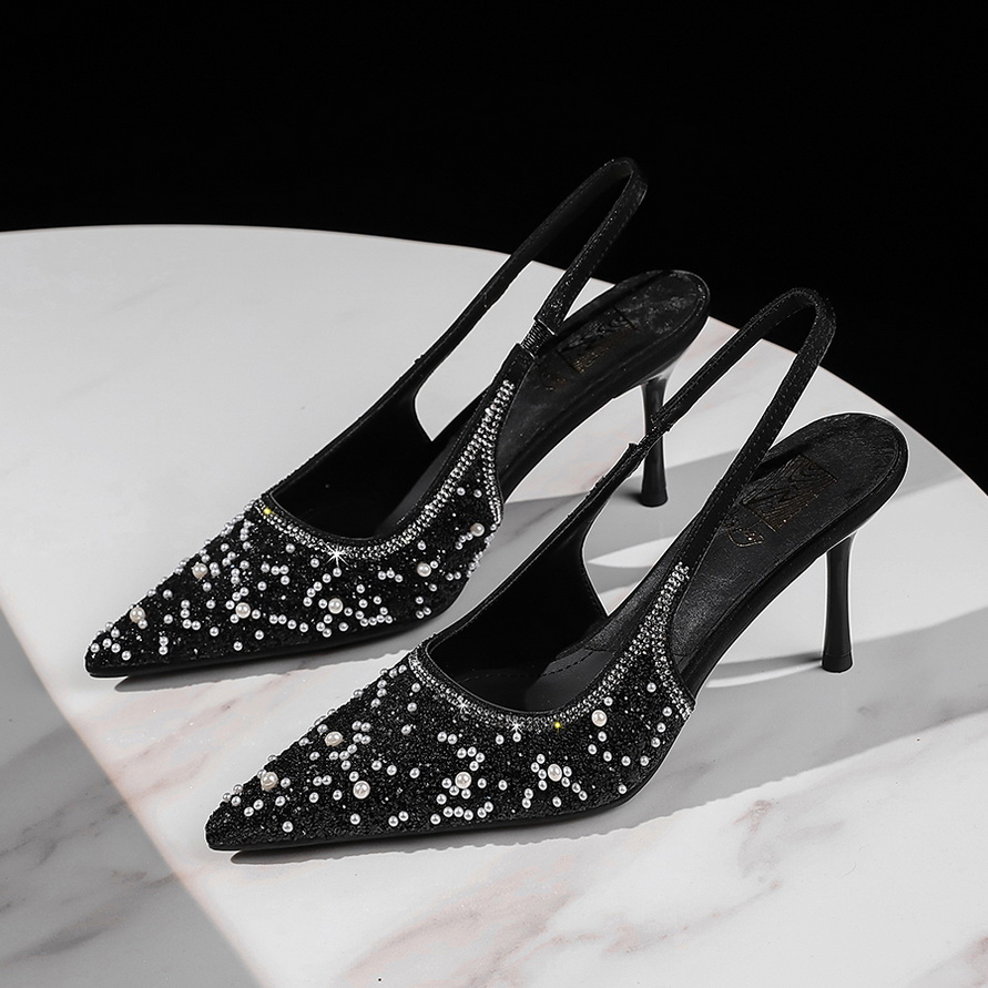 European American Style Party Fashion Thin Heel Pointed Toe Open Back Single Shoes with Sequins and Beads Ankle Strap High Heel Women's Shoes - Image 2