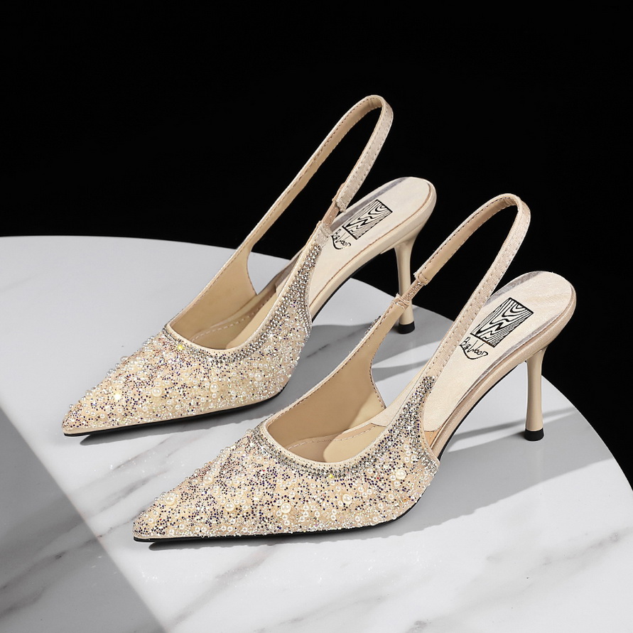 European American Style Party Fashion Thin Heel Pointed Toe Open Back Single Shoes with Sequins and Beads Ankle Strap High Heel Women's Shoes - Image 3