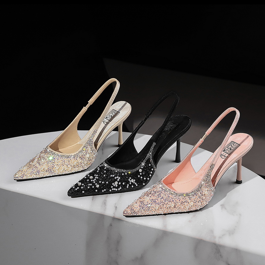 European American Style Party Fashion Thin Heel Pointed Toe Open Back Single Shoes with Sequins and Beads Ankle Strap High Heel Women's Shoes - Image 4