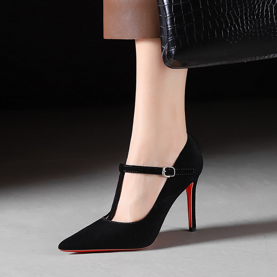 European American Style Women's High Heel Shoes Thin Heel Shallow Mouth T-Strap Temperament Pointed Toe Suede Slim Single Shoes