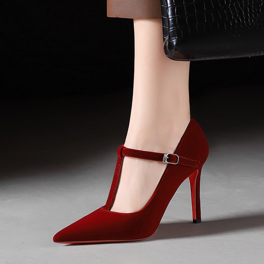 European American Style Women's High Heel Shoes Thin Heel Shallow Mouth T-Strap Temperament Pointed Toe Suede Slim Single Shoes - Image 2