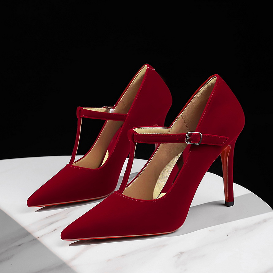 European American Style Women's High Heel Shoes Thin Heel Shallow Mouth T-Strap Temperament Pointed Toe Suede Slim Single Shoes - Image 3
