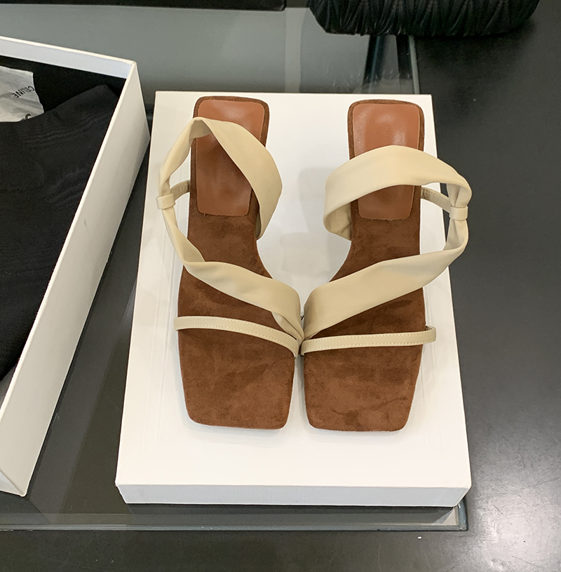 French Retro Velvet Two-Way Square Toe High Heel Sandals Women Summer Chic Open Toe Slippers - Image 2