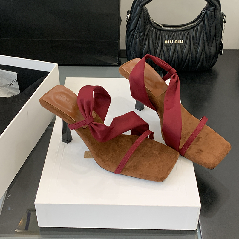 French Retro Velvet Two-Way Square Toe High Heel Sandals Women Summer Chic Open Toe Slippers - Image 4