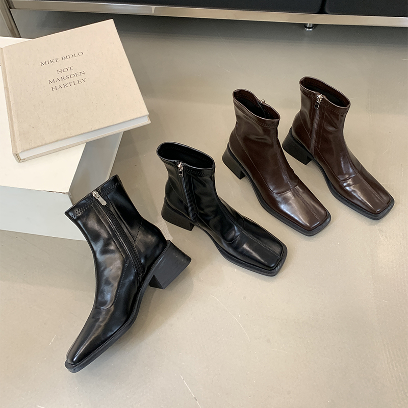 French Square Toe Chunky Heel 2025 Autumn Winter Women's Simple Boots Fashion Stretch Boots Slim Fit Short Boots Mid Heel Women's Boots - Image 2