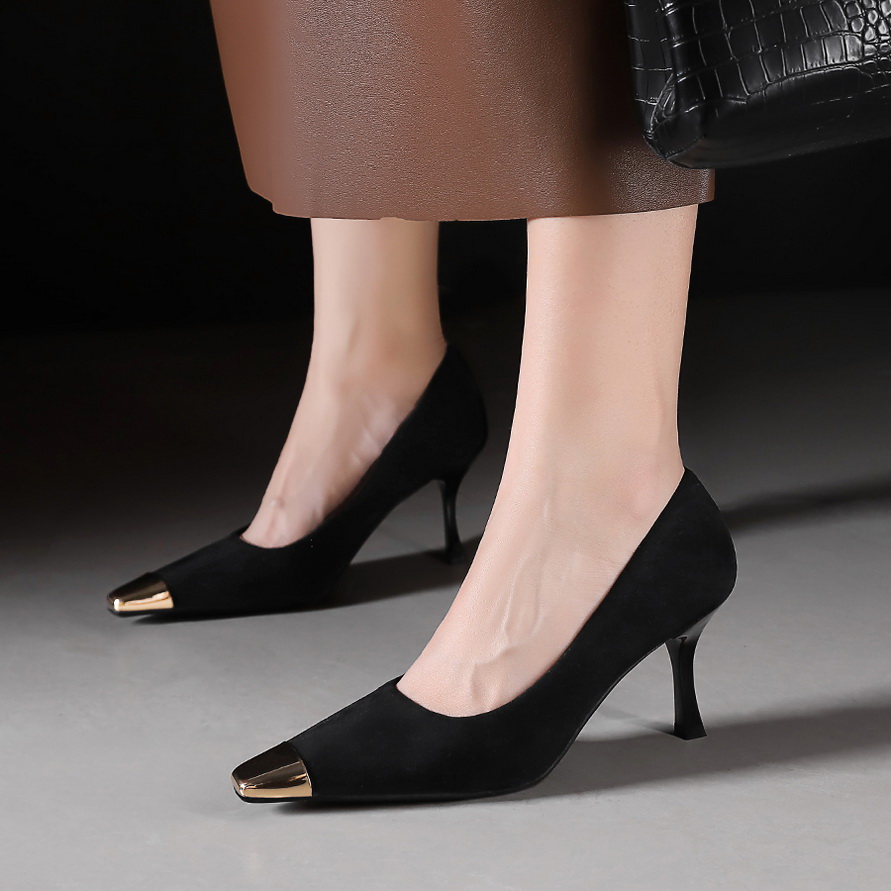 French Style Classic Leopard Print Black Pointed Toe Kitten Heel Suede Women's Shoes