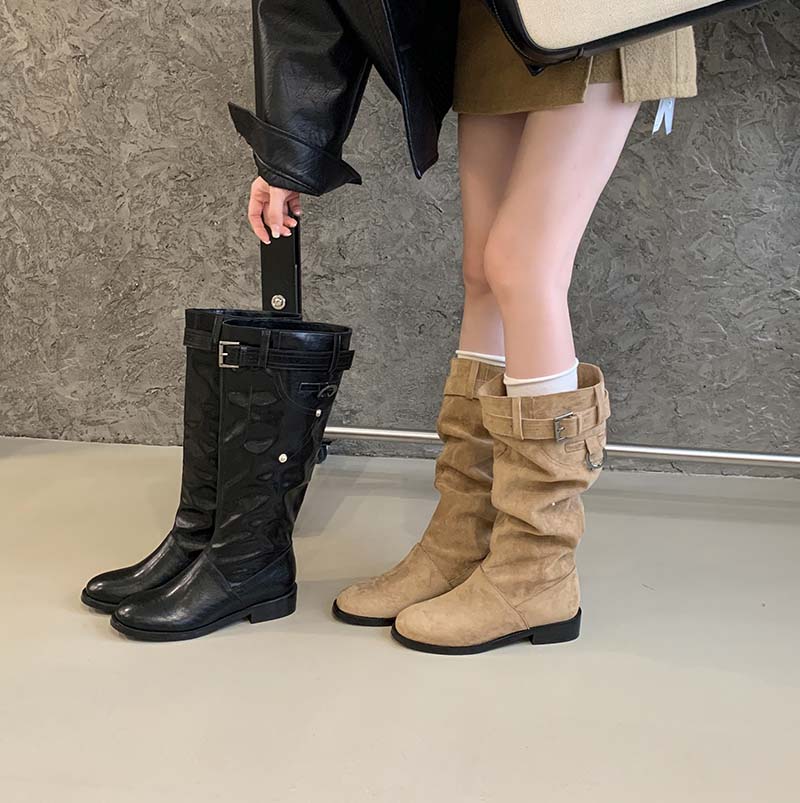 HMSZ 2025 New Suede Over-the-Knee Boots for Women, Chunky Heel Round Toe Stacked Fold High Boots, Waterproof, Black & Khaki