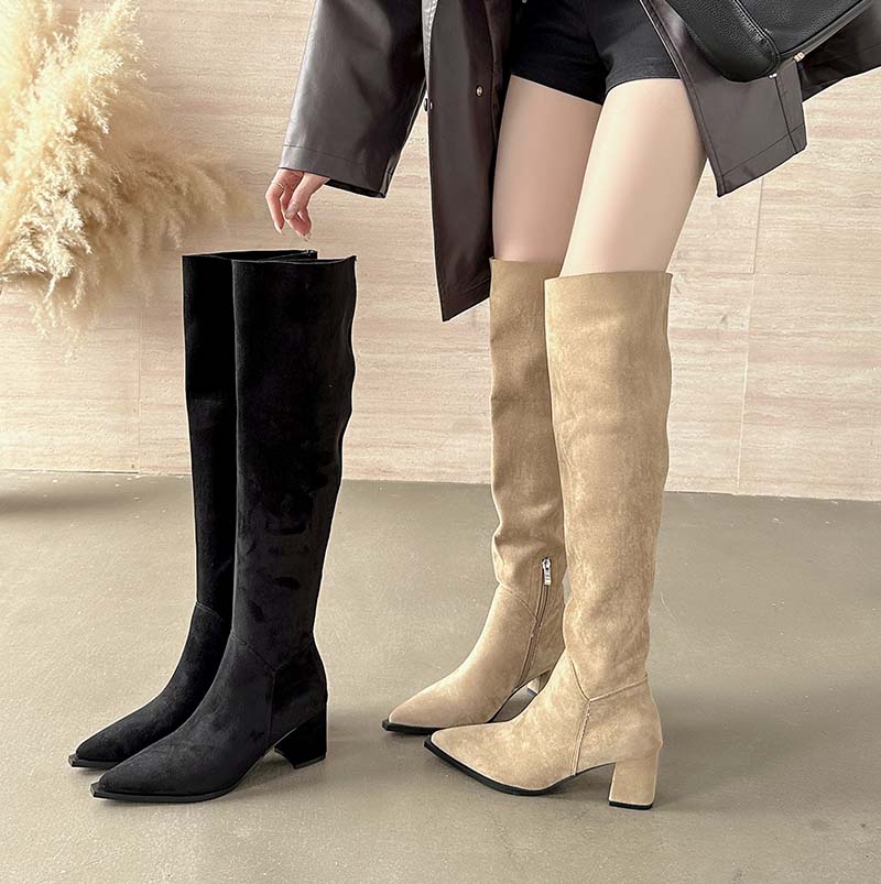 HMSZ Women's 2025 Autumn Winter New High Heel Chunky Square Toe Wide Shaft Stacked Boots Over Knee Not Riding Boots Khaki