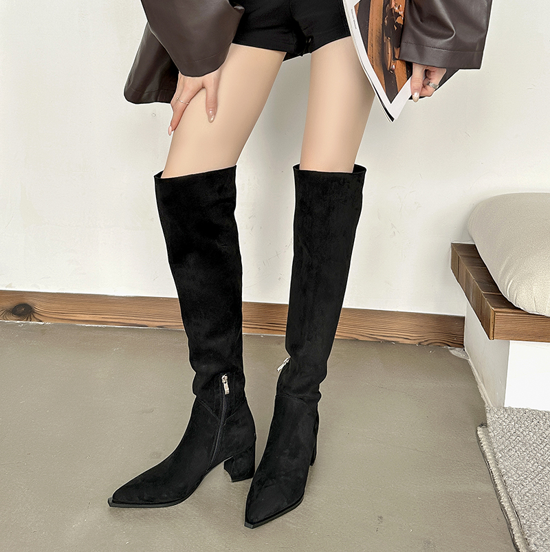 HMSZ Women's 2025 Autumn Winter New High Heel Chunky Square Toe Wide Shaft Stacked Boots Over Knee Not Riding Boots Khaki - Image 2