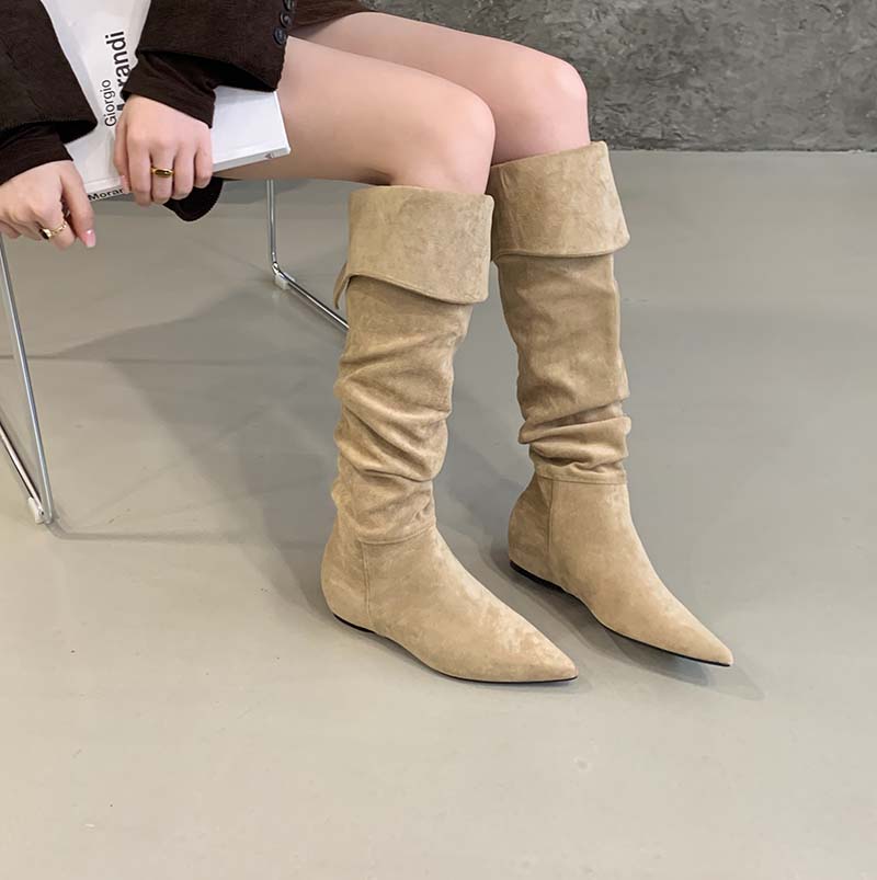 HMSZ Women's 2025 New Style Maillard Pointed Toe Suede Over-Knee Boots Khaki Black Low Heel Hidden Wedge Flat Long Boots