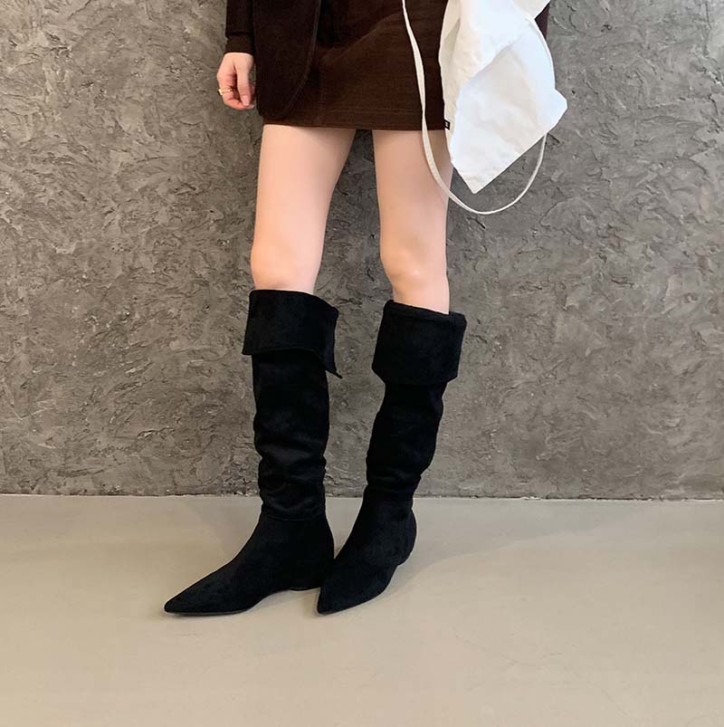 HMSZ Women's 2025 New Style Maillard Pointed Toe Suede Over-Knee Boots Khaki Black Low Heel Hidden Wedge Flat Long Boots - Image 2