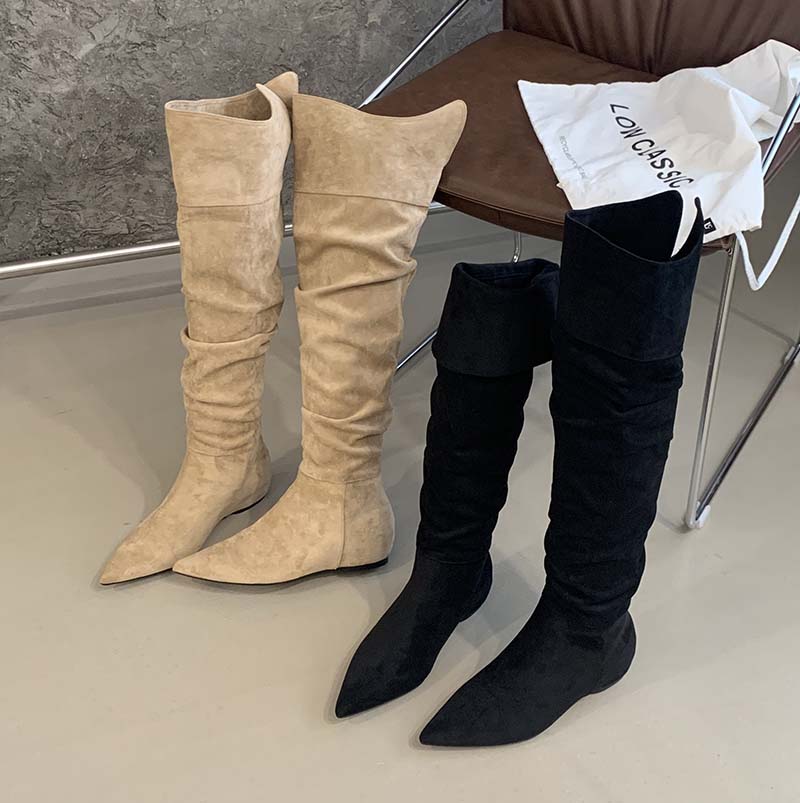 HMSZ Women's 2025 New Style Maillard Pointed Toe Suede Over-Knee Boots Khaki Black Low Heel Hidden Wedge Flat Long Boots - Image 3