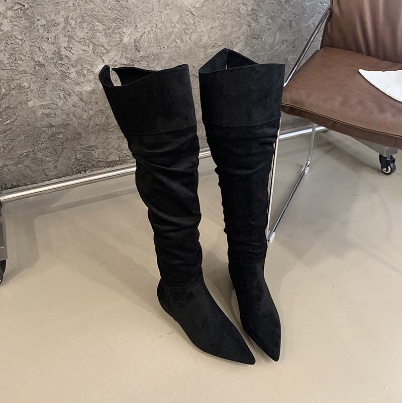 HMSZ Women's 2025 New Style Maillard Pointed Toe Suede Over-Knee Boots Khaki Black Low Heel Hidden Wedge Flat Long Boots - Image 4