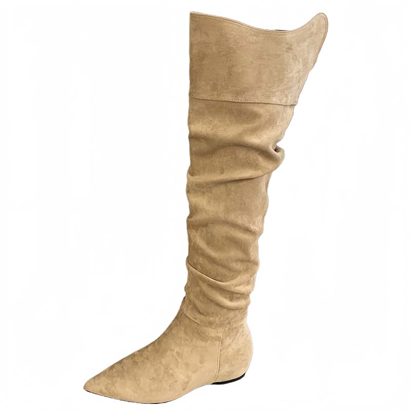 HMSZ Women's 2025 New Style Maillard Pointed Toe Suede Over-Knee Boots Khaki Black Low Heel Hidden Wedge Flat Long Boots - Image 5