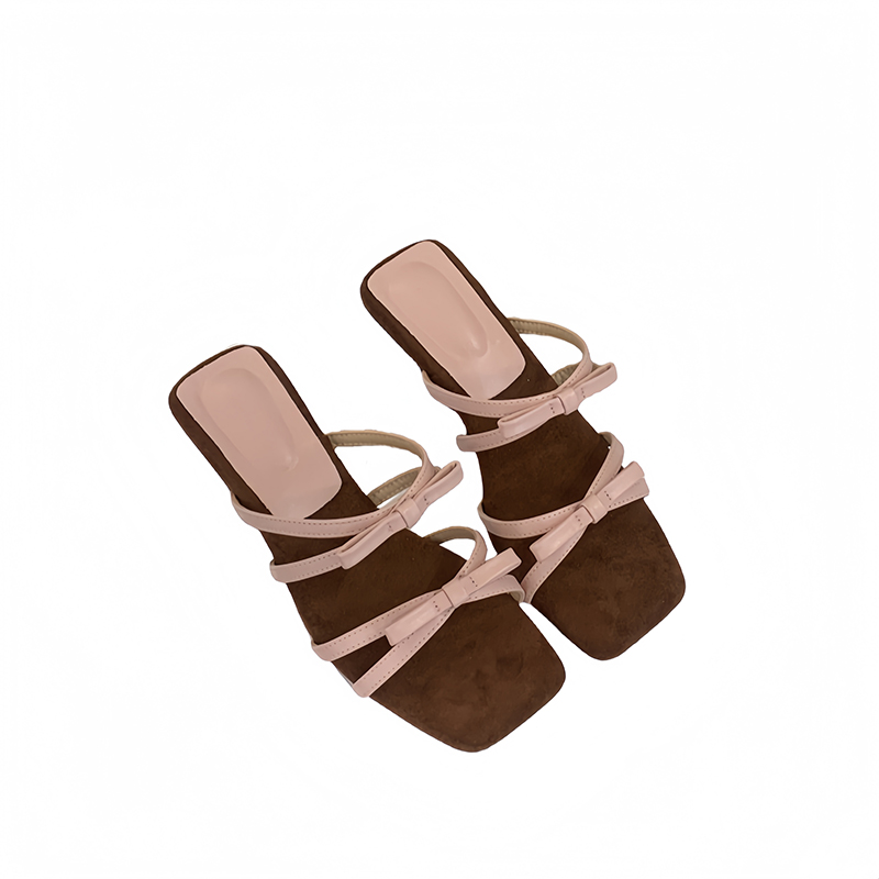 Silver Bow Square Toe Wedge Heel Slippers Women Summer New Style Korean Sweet - Image 5