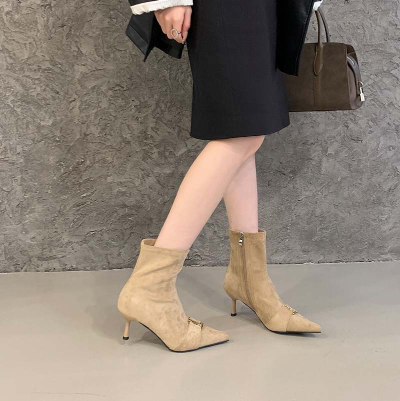 Vintage High Heel Ankle Boots for Women Slim Fit Metal Buckle Suede Elastic Boots - Image 2