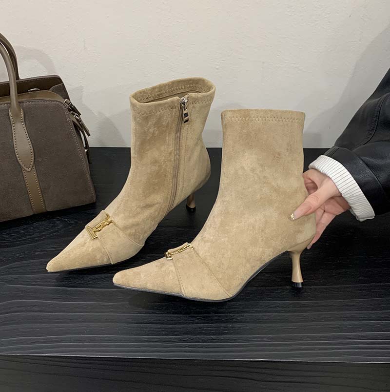 Vintage High Heel Ankle Boots for Women Slim Fit Metal Buckle Suede Elastic Boots - Image 3