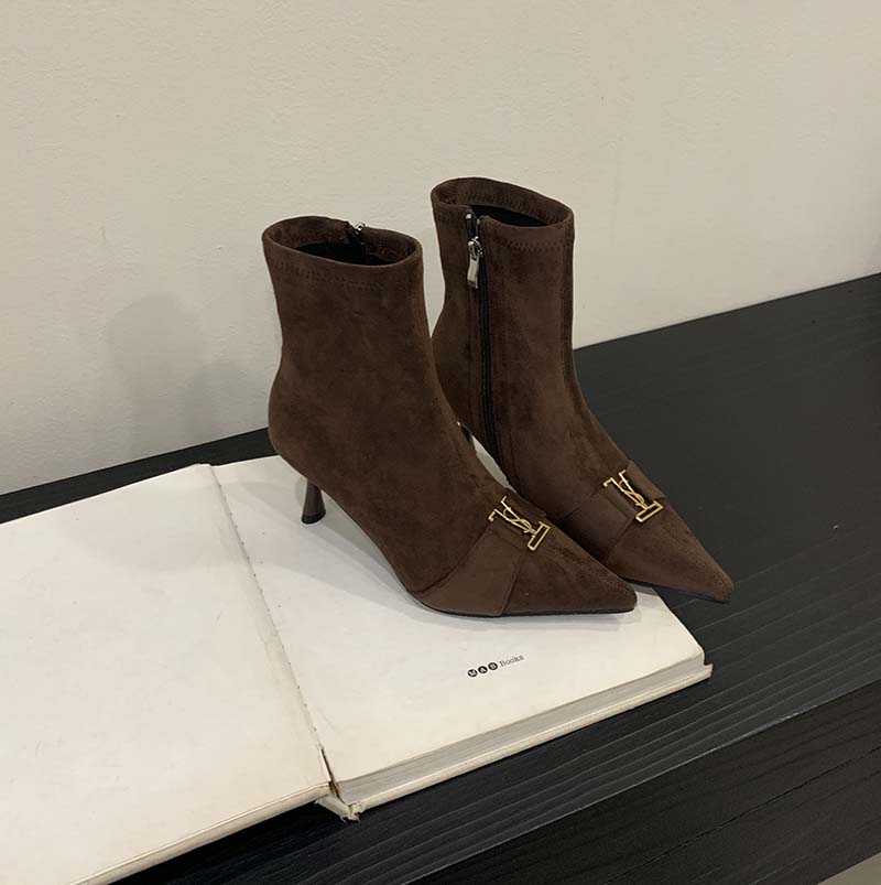 Vintage High Heel Ankle Boots for Women Slim Fit Metal Buckle Suede Elastic Boots - Image 4