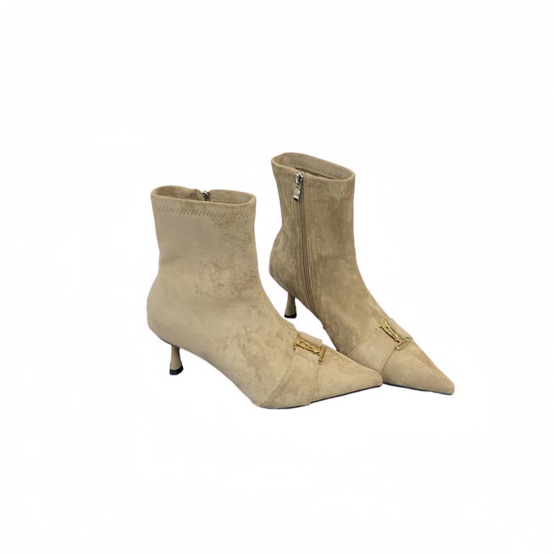Vintage High Heel Ankle Boots for Women Slim Fit Metal Buckle Suede Elastic Boots - Image 5