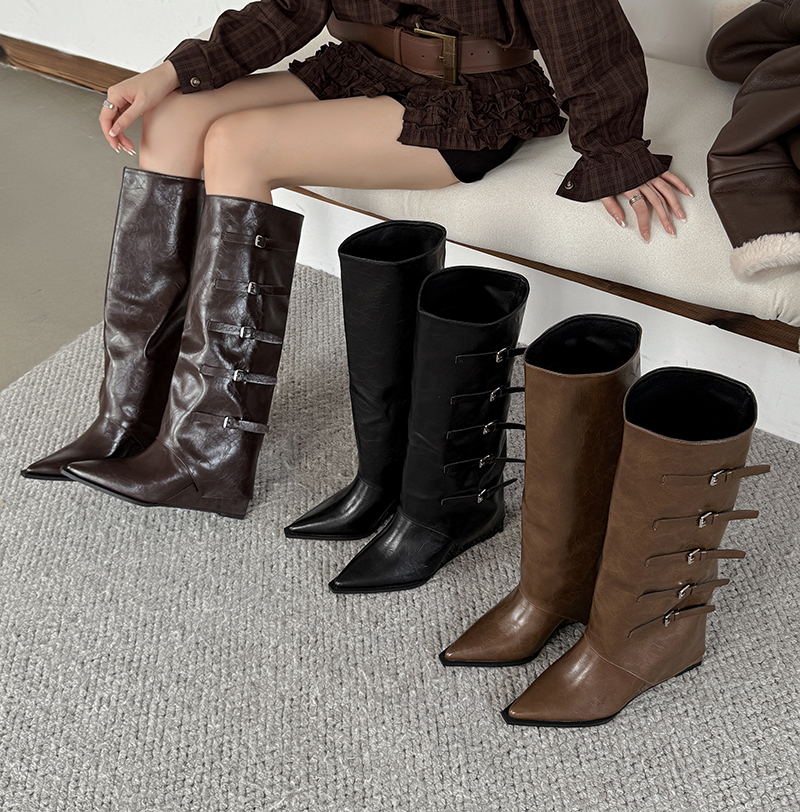 Wasteland Style Autumn Winter New Long Boots Women Over Knee Not Pointed Toe Belt Buckle Slope Heel Western Cowboy Boots High Tube Pants Boots